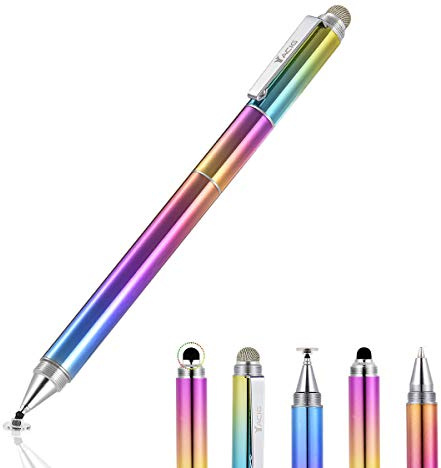 Yacig 4 in 1 Stylus Pen for iPad, iPhone, Samsung & Tablets - Clear Disc & Mesh Fiber Tips with Extra Replacements (Dreamy Rainbow)