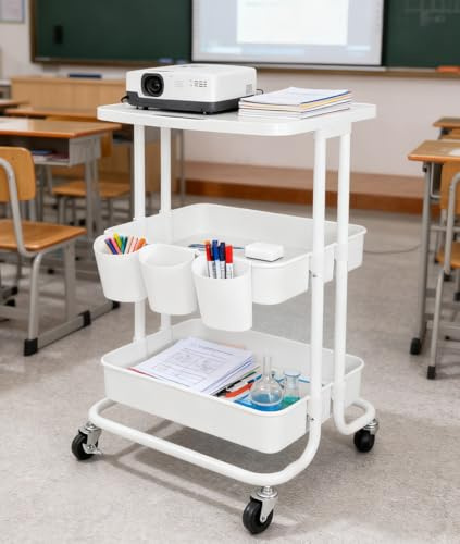 3 Tier Rolling Cart with Topper Storage Table Cart White Utility Cart with Cups & Hooks, Metal Frame with Plasitc Baskets, Functional Mobile Carts for Kitchen Pantry, Arts Supplies,Baby Essentials