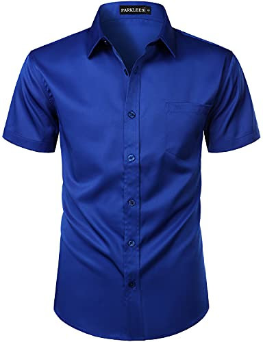 PARKLEES Mens Casual Urban Stylish Slim Fit Short Sleeve Button Up Dress Shirt with Pocket ZLSC15 Royal Blue L