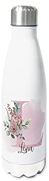 GRAZDesign Trinkflasche Edelstahl personalisiert Name, auslaufsicher Einschulung Geschenk, Thermosflasche Sportflasche Kinder/Erwachsene 500ml Pfingstrose und Eukalyptus