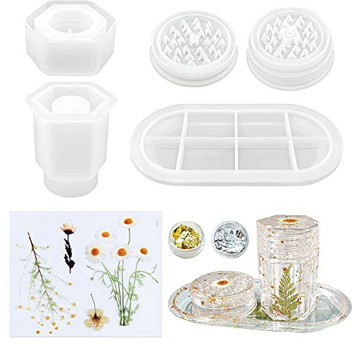 Woohome 3 PCS Large Grinder Resin Mould Tray Epoxy Casting Mould Silicone Jar Mould with Lid, Dried Flowers and Gold Foil Flakes for Herb Grind, Container Storage DIY Making Craft