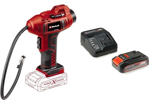 Einhell Compresor de coche a batería, 18 V, 11 bar, 60 cm de manguera de aire comprimido, desconexión automática, incluye 1 batería de 2.5 Ah y cargador individual, Multicolor