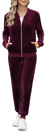 Irevial Pigiama Pile Set Donna in Velluto Tuta da Sportiva Due Pezzi Casual Giacca a Zipper Top e Pantalon Training con Tasca Autunno Inverno Vino Rosso S
