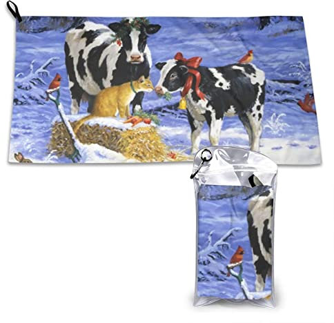 AROONS Schnell trocknendes Handtuch mit Tasche – Weihnachten Schnee Milch Kuh bedruckt super saugfähiges Gesichtstuch Mikrofaser Reise Sport Handtücher 80 x 40 cm