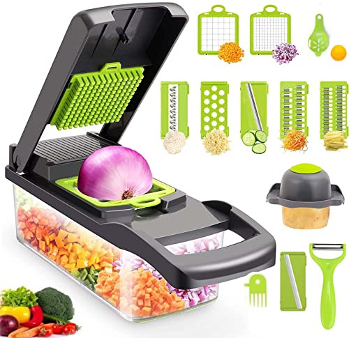 Gbbazu 14 in 1 Vegetable Chopper, Self-cleaning Button, 8 Blades, Multifunctional Adjustable Vegetable Cutter, White, Stainless Steel and ABS Plastic