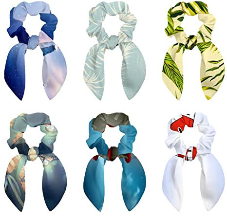 6 Pcs Hair Scrunchies - Light Color Palm Leaves Pattern Hair Scarf Scrunchy with Ribbon Bow, Elastic Hair Ties Ponytail Holders for Women Teenage Girls