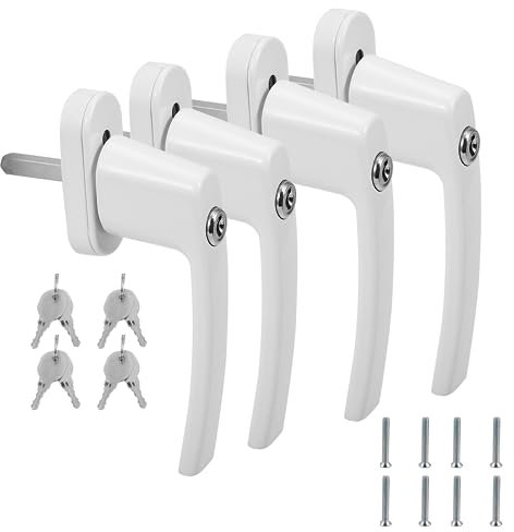 Eulenke Abschließbarer Sicherheitsfenstergriff - 4er Set Weiß inkl. 8 Schlüssel und Schrauben - Kindersicherung, Aluminiumfenstergriff mit 35mm Stiftlänge