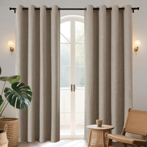 Joydeco 100% Rideau Occultant Thermique Isolant Anti Froid et Chaleur 140x200cm 2 Pièces, Rideaux Opaques Effet Lin à Oeillets Anti UV Anti Bruit, Decoration Chambre Maison Salon - Lin Naturel