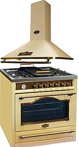Kaiser Empire Set/Kaiser Gas elektrisk stående spis kejsare HGE 93555 Elf Em + köksfläkt 90 cm/A 9315 elfEm/elektrisk ugn/8 funktioner/självrengörande/roterande spett/kaminhuv/vägghuva