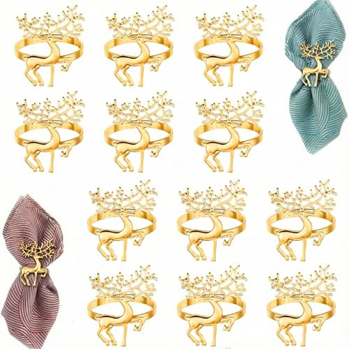 12 Stück Serviettenringe Weihnachten, 12 Stück Schnee Flocke Rentier Servietten Ring, für Tischdeko Weihnachten, Party, Hochzeit, Thanksgiving (Gold)