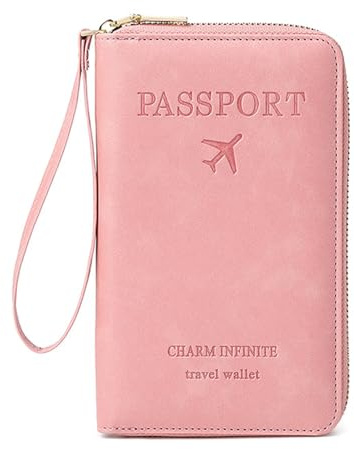 DAITET Reisepasshülle PU Leder für Damen und Herren, RFID-blockierende Reisebrieftasche, Reisepasshalter, Kartenfächer, Dokumenten-Organizer, Handgelenkschlaufe, Rosa
