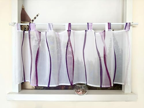 Devola Scheibengardine mit Wellenmuster Gardine Druck Kurzstore mit Schlaufen Küchengardine Kurz Modern Voile Bistrogardine Transparent HxB 45x60cm Violett 1 Stück