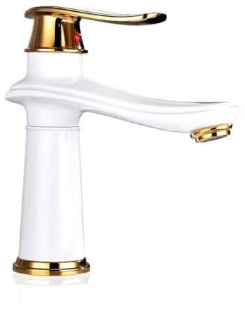 LeGDOr Waschtischarmaturen im Vintage-Stil, Badezimmer-Waschtischarmatur, Einhebel-Badezimmer-Waschtischarmatur, Kalt- und Warmwasser-Waschtischarmaturen, Weiß + Gold, kurz