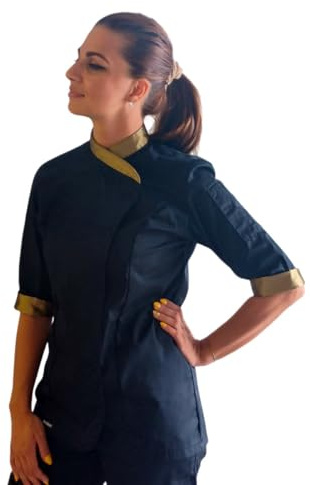 Giacca Cuoco Donna Personalizzata Casacca Chef da Cucina Nera e Dorata Betty per Ristorante Pizzeria Hotel Pasticceria Divisa Lavoro Personalizzabile