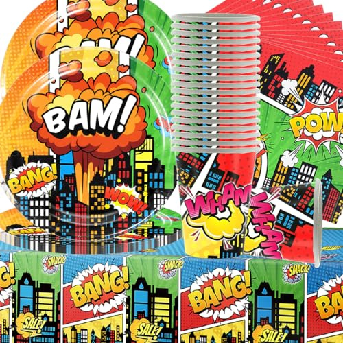 Doyomtoy Superhelden Partygeschirr Set, Superhelden Party Geschirr Dekoration Enthält Pappteller 9in Pappbecher Tischdecken Servietten für Kindergeburtstage für 20 Gäste