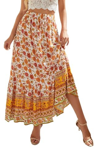 EMOTTOS Falda Larga Elástico Mujer, Faldas Largas Bohemio Cintura Alta Elegantes, Falda Flores Plisada Mujer Casual Verano con Tira Decorativa, Amarillo S