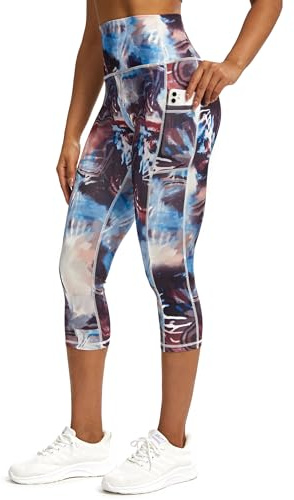 Tuspryt sport leggings dam 3/4 caprileggings med fickor, sportbyxor dam 3/4 ogenomskinliga fitnessbyxor löparbyxor kvinnor, Brunt tryck, XXL