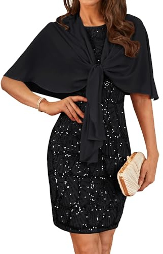 Frauen Sexy 2-teilige Rockabilly Pailletten Kleid Vintage Knielang Brautjungfernkleider Solid Farbe Ballkleid mit Chiffonjacke Schwarz 38