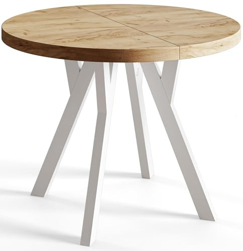 AlpiMeble Esstisch Ausziehbar OVO, 80-130cm, Stabile Beine, Craft | Runder Tish, Moderner Design, Wohnzimmertisch und Küchentisch, Stabile Konstruktion, Weiße Beine