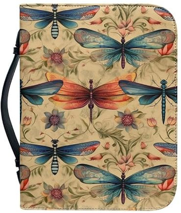 Kuiaobaty Buchhülle im Vintage-Stil mit Libellen-Motiv, Buchgeschenk, bunte Libellen, Buchhülle, weiches Kunstleder, mit Griff