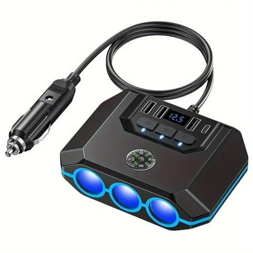 7 in 1 Zigarettenanzünder Verteiler, 120W KFZ Ladegerät Adapter mit 3 Fach 12V/24V Stecker Ladekabel Splitter 3 USB+ PD Ports Separatem Schalter, LED Voltmeter, für Handy/Pad/GPS...