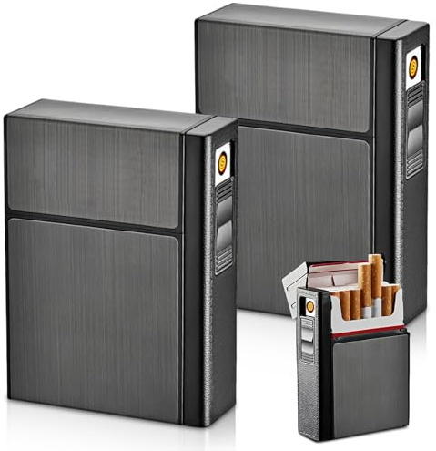 WIYETY Étui à cigarettes en aluminium 2 en 1 avec briquet, 2 pièces briquet étui à cigarettes peut 20 fûts, chargement USB, Noir, Moderne