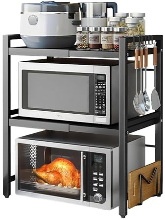 Expandable Microwave Oven Rack 3 Tier microwave shelf,Adjustable Width & Height Kitchen Counter Organizer Shelf Stand, Pot Pan Grill Storage Racks