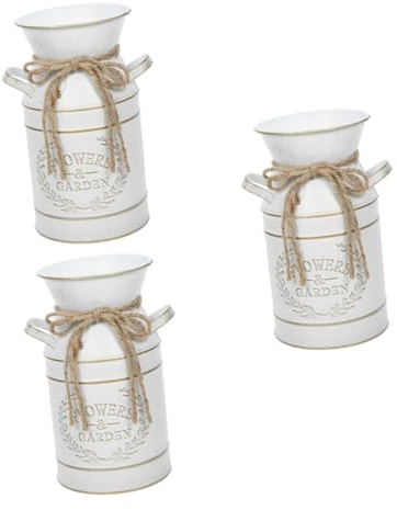 Sosoport 3 Pièces Vase Seau en Étain Bouilloire Pot à Lait Fleuri Ancien Vase Tulipe Vases à Lait pour Fleurs Artificiel Primitif Guirlande Seaux Décoratif Trousse Fer Galvanisé Blanche