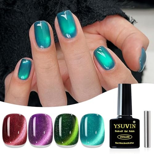 Yueshop Cat Eye Gel Nail Polish,4 Colors Classic Red Purple Green Cyan Glitter Magnetic Gel Nail Polish Soak Off UV LED Cat Eye Gel Polish Nail Art Salon For Beginner,8ML