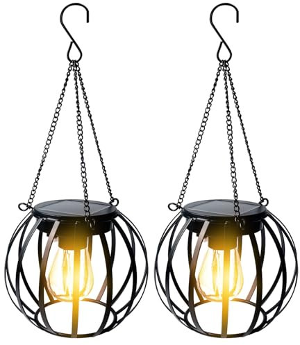 2 Stück Garten Solarlampen für Außen Hängend, Solar Laternen mit Warmenweiß LED-Glühbirne, Retro Solarlaterne für Außen, IP65 Metall Solarleuchten mit Haken und Kette, für Draußen, Balkon, Gartendeko