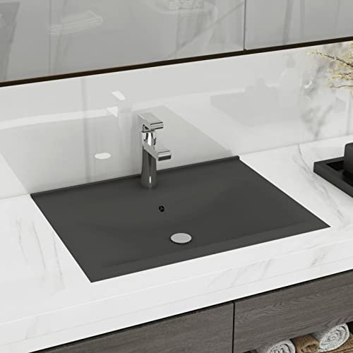 Xichuzi Lavabo de Lujo con Grifo cerámica Gris Oscuro 60x46 cm, Fregadero, Lavabo Baño, Lavamanos Baño, Lavatorio Casa De Banho, Mueble Lavabo sobre Encimera