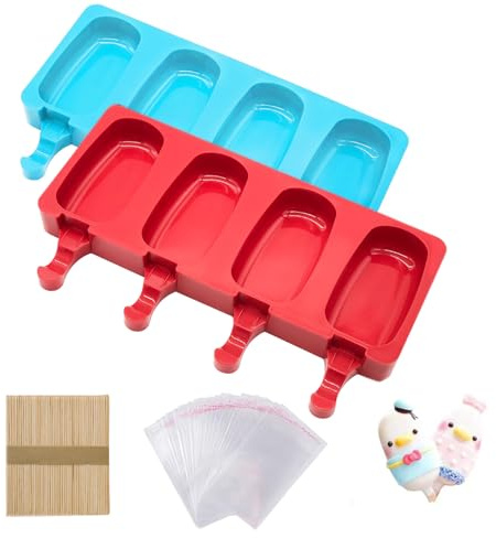 Eisformen Eis Am Stiel Silikon 2 Stück, Eis am Stiel Formen mit 4 Hohlräumen & Cake Pop Backform – Inkl. 50 Holzstielen + 50 Beuteln | BPA-frei, Spülmaschinengeeignet für Eis, Kuchen & Schokolade