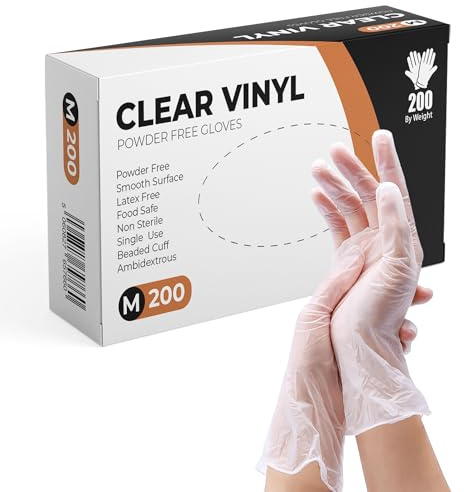 PRAIMA Clear Vinyl Gloves, 200 Count, Clear Disposable Gloves (200, Medium)