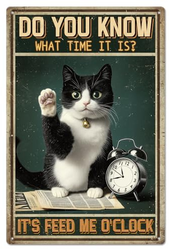 GLOBLELAND Alarm Clock Cat Metal Tin Sign It's Feed Me O'clock 8x12 inch