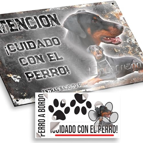Perro Dobermann Cartel de Cuidado con el Perro 20x12,5cm - Diseño Vintage Dibond con Pegatina Coche Premium 20x5cm