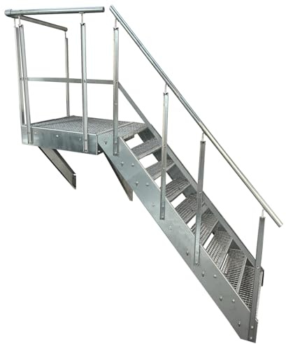 Premium Podesttreppe Wangen- Stahltreppe 9 Stufen Höhe 171 cm inklusive Podest 100x100cm mit oder ohne Geländer komplett verzinkt Wetterfest Gitterroststufe (Ausrichtung Treppe Rechts)