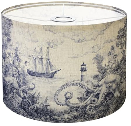 Drum Lamp Shade Blue Deep Sea Toile Sailing Ship Octopus Lighthouse Clouds Ocean Waves Lampshade 8.9x11x11 for Table Lamps Floor Lamps Pendant Light Replacement Linen Lamp Shade Assembly Required