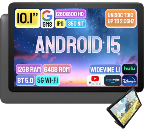 Phatom Android 15 Tablet 10 Zoll, Unisoc T310, 12GB+64GB+Bis zu 1 TB Erweiterung, 10,1 HD IPS, Widevine L1, 5G WiFi+BT 5.0+GPS+FM, 5000 mAh+Type-C+3,5-mm-Audio, Lederhülle im Lieferumfang enthalten