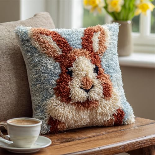 Kitquiver Latch Hook Cushion Kits for Adults, Hare Latch Hook Pillow Case Kits Embroidery Kits 17X17Inch, DIY Needlework Pillow Cover Sofa Cushion Rug Making Kits, DIY Craft Kits 43X43 Cm - Stitch
