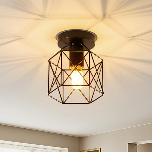 Warmiehomy Flush Mount Ceiling Light,Industrial Ceiling Lights with E27 Base,20W Vintage Black Metal Cage Lamp for Hallway Bedroom Living Room,14 * 15 * 17cm