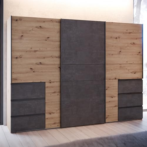 Forte Winn 2 Kleiderschrank 270, moderner Schwebetürenschrank, 3-türig, 6 Schubladen, Schlafzimmer, Artisan Eiche Holzdekor|Betonoptik Dunkelgrau, 269,7 cm breit x 200,5 cm hoch x 61 cm tief