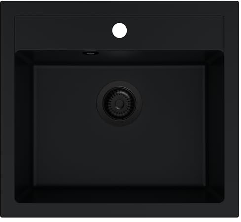 SINK QUALITY Lavello in granito nero 56 x 51 cm – Lavello in granito con sifone nero e impregnante – Lavello per sottolavelli a partire da 60 cm di larghezza – Lavello singolo da incasso – Lavabo per