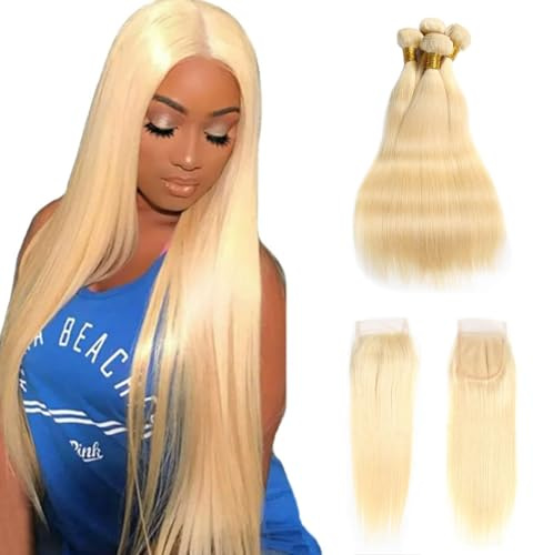FUIBEJAE Extensiones de cabello humano suelto y profundo Rubio con cierre #613 Paquetes de cabello natural con cierre de encaje virgen brasileño de grado para mujeres negras,10 12 14+10closure