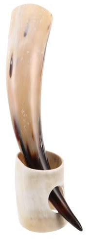 Ipetboom Juego de Copa de Cuerno de Buey Vikingo 380 Ml con Soporte de Madera, Vaso Vintage para Cerveza, Hidromiel y Vino, Accesorio Rústico para Fiestas y Decoración del Hogar