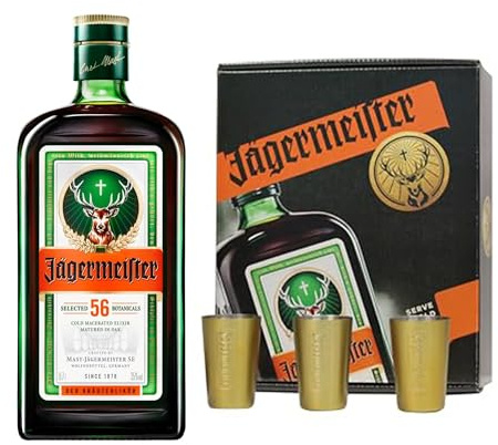 JÄGERMEISTER Licor de Hierbas Gift Pack 700 ml + 3 Vasos Metálicos, 35% Vol | Con 56 Hierbas Naturales.