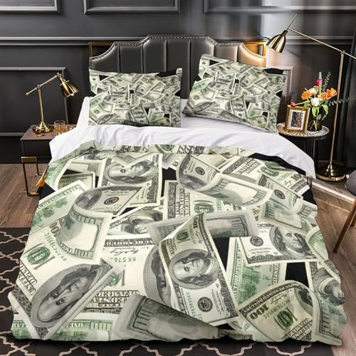 QIAVXZIP Flusso di cassa Impressione 3D 3 pz fodera per edredone Stile del concetto monetario coperteletto microfibra morbida traspirante per ragazzi adolescenti donne Double（200x200cm）
