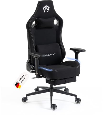 PixelPilot®Ergonomischer Gaming Stuhl Chair mit 4D-Armlehne, Fußstütze, Kopf- und Lendenwirbelstütze, Gamer PC Stuhl [breite Sitzfläche] Bürostuhl 150 kg Belastbarkeit (Orion, Stoff)