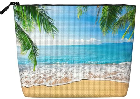 Ocean Sea Beach Palm Leaves Print Fake Hemp Makeup Bag Cosmetic Pouch Travel Toiletry Bag Waterproof Organizer for Women