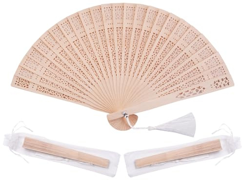 Sepwedd 50 Set Sandalwood Fan Wooden Hand Fan Baby Shower Party Favors with Organza Bags and Tassels Wooden Folding Fan