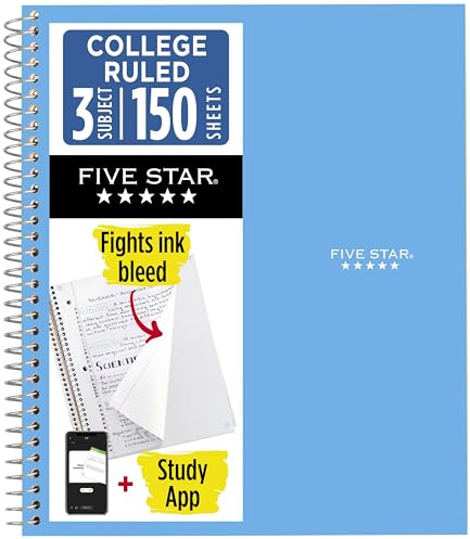 Five Star Spiral Notebook + Study App, 3 Subject, College Ruled Paper, 8.5 x 11, 150 Sheets, Blue (Color May Vary) (820003NH0)